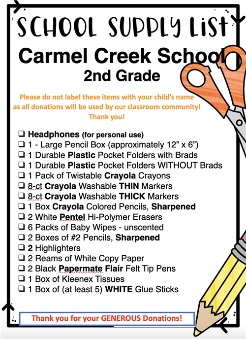 2nd Grade School Supply List